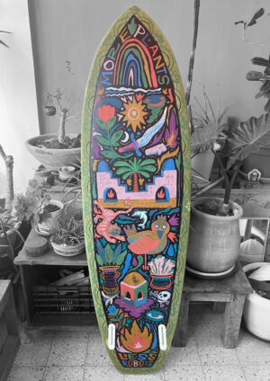 More Plants / Less Robots (Pastels on Surfboard)